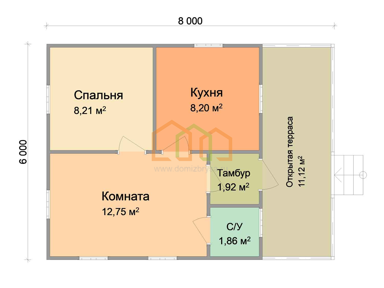 Каркасный дачный домик с террасой Бук (КТ) 6х8 Площадь: 48 м² с террасой  под ключ в Меленках